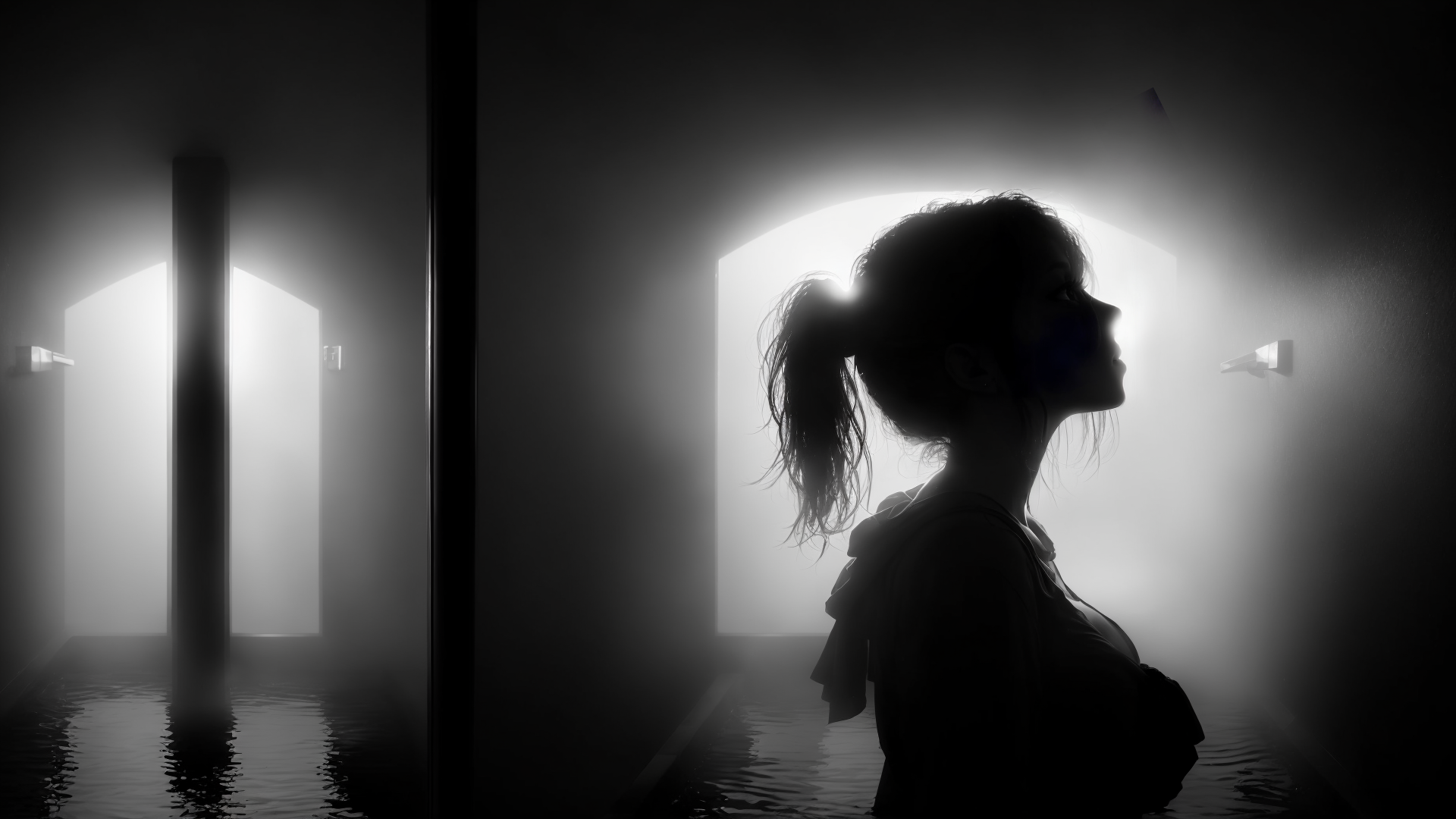 AI generated wallpaper featuring girl, silhouette, water