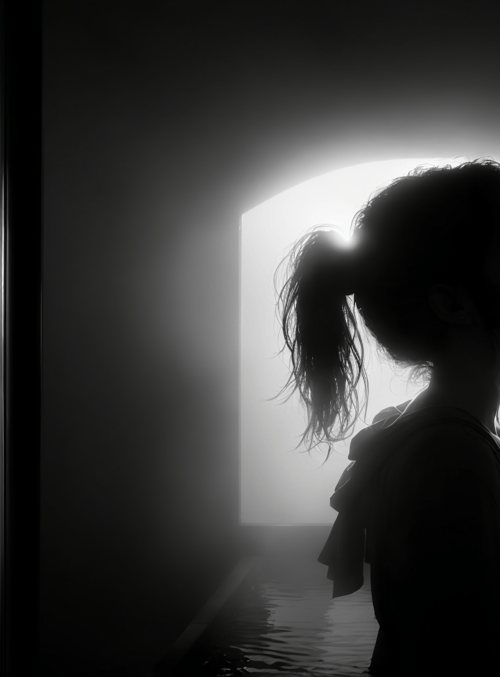 girl, silhouette, water