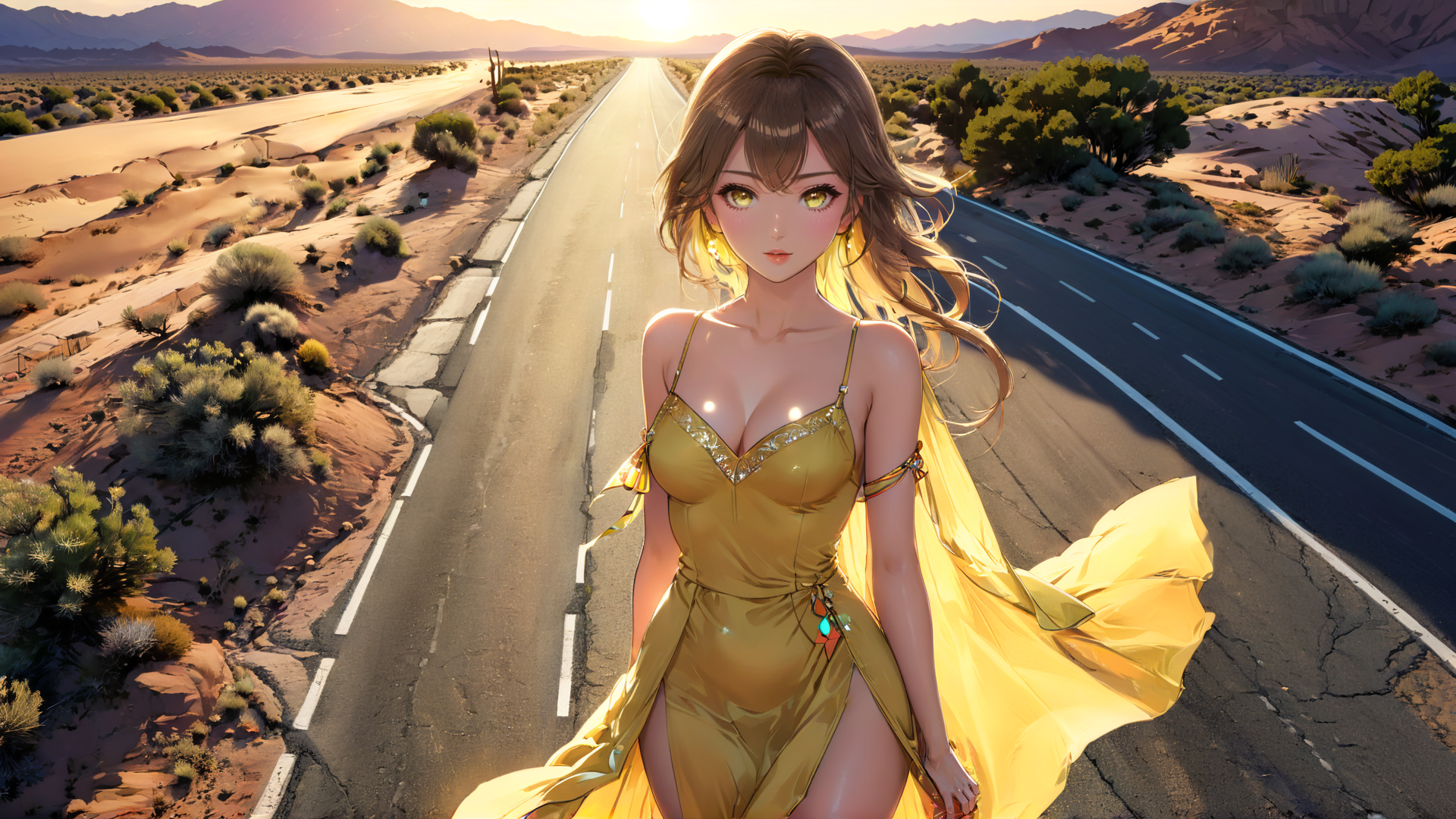 AI generated wallpaper featuring woman, desert, road