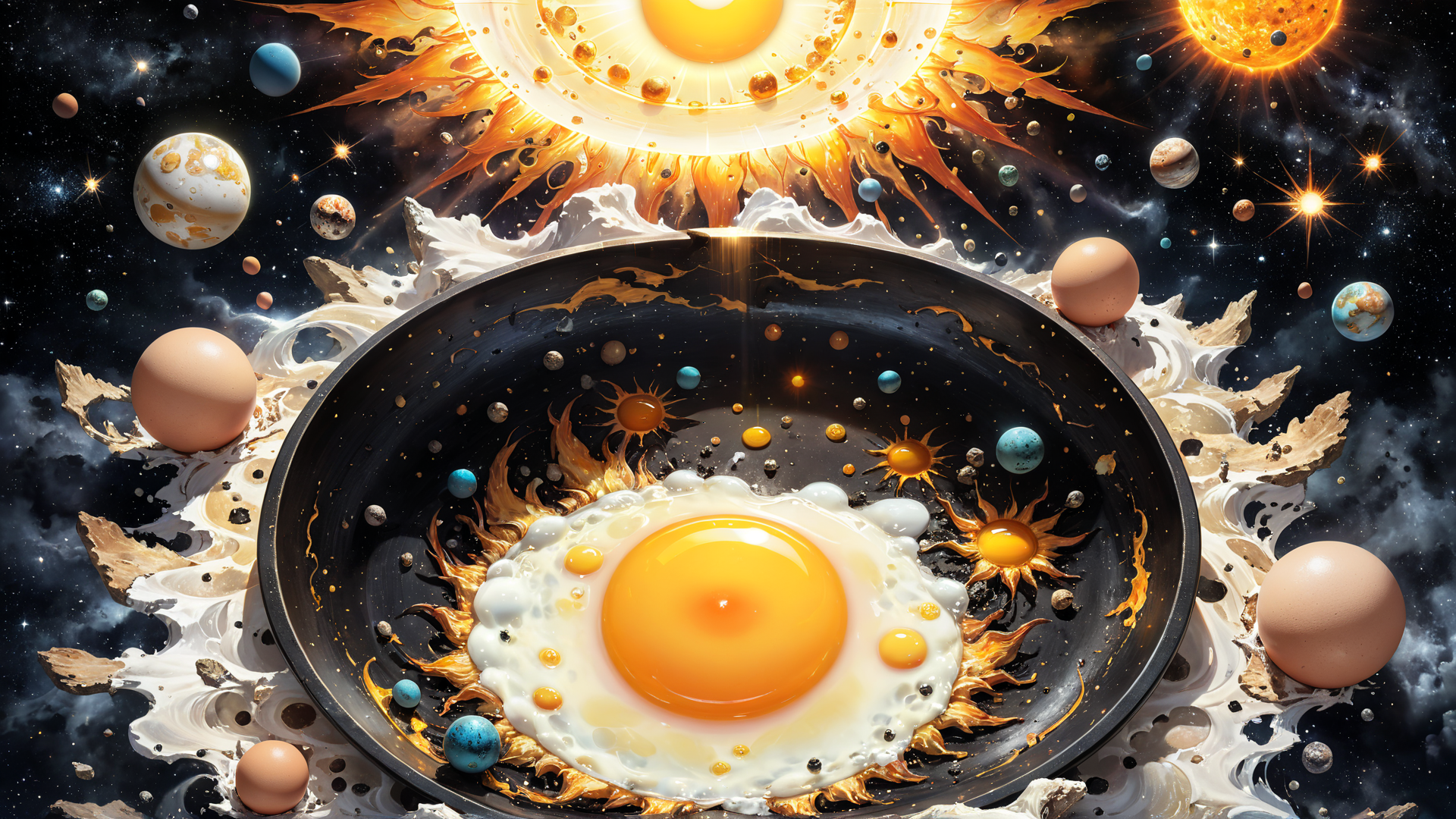 AI generated wallpaper featuring egg, universe, pan
