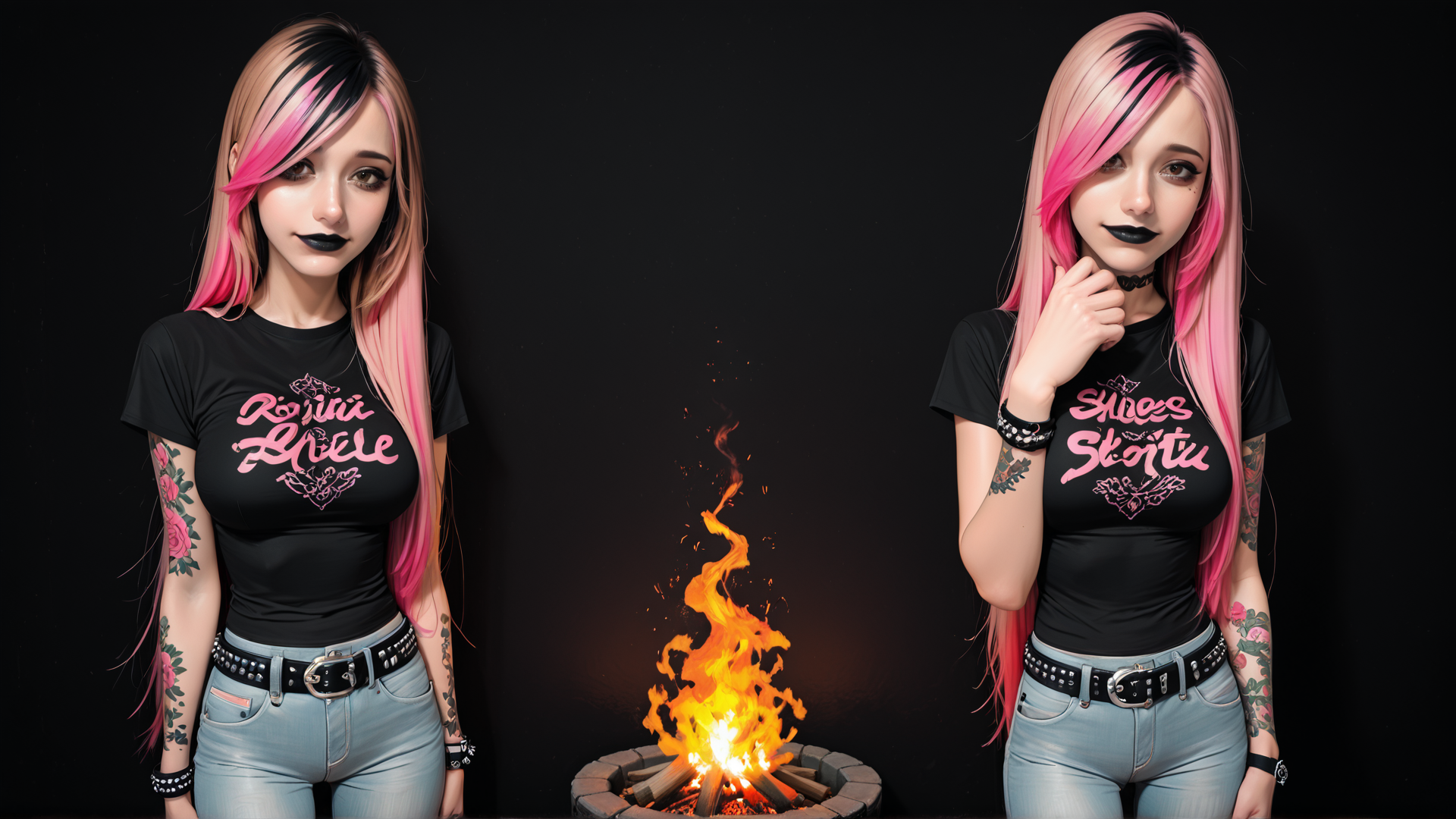 AI generated wallpaper featuring girl, tattoo, fire, t-shirt, belt, jeans, hair