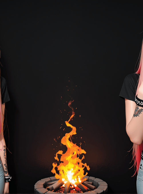 girl, tattoo, fire, t-shirt, belt, jeans, hair