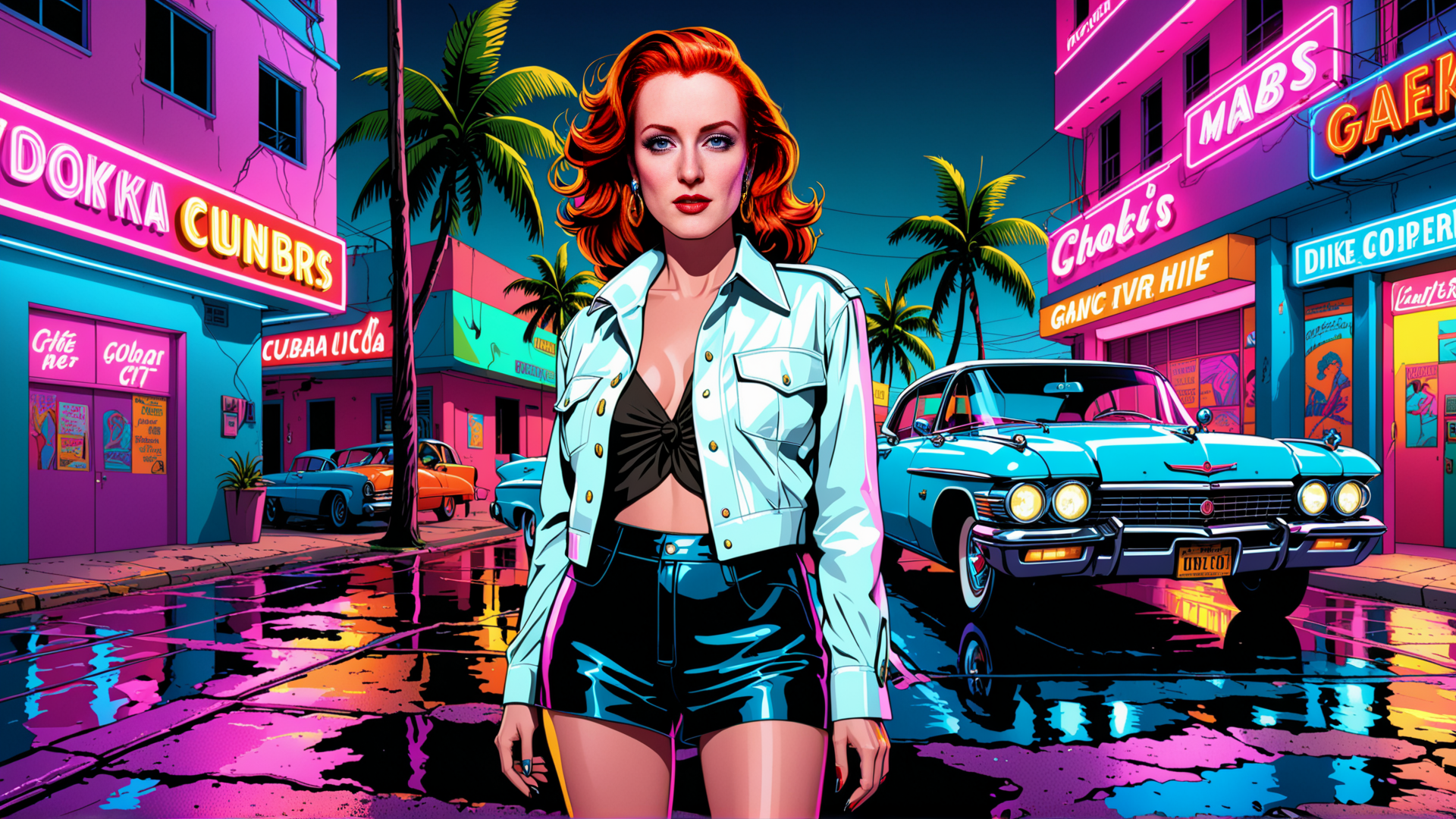 AI generated wallpaper featuring woman, car, street