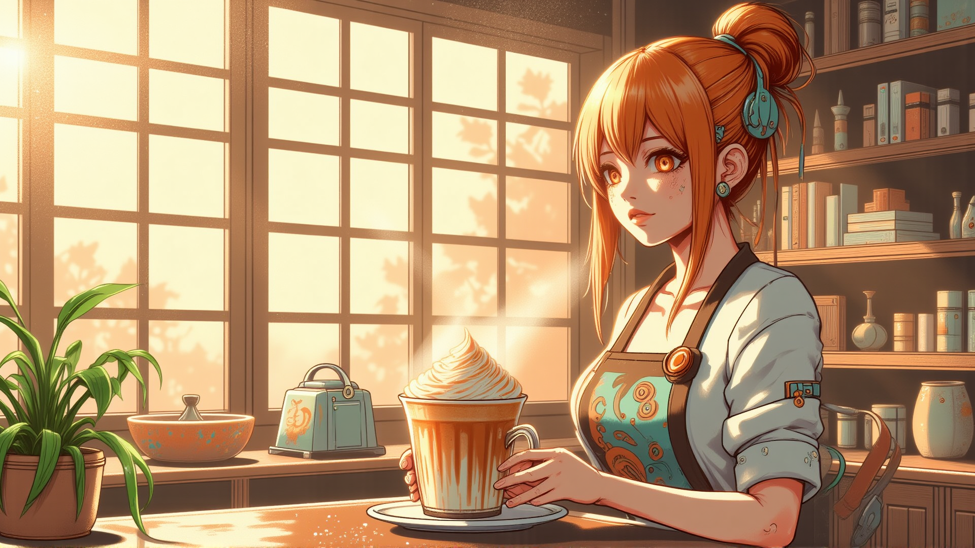 AI generated wallpaper featuring woman, cup, apron, bookshelf, plant, window