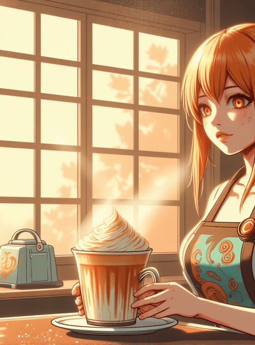 woman, cup, apron, bookshelf, plant, window