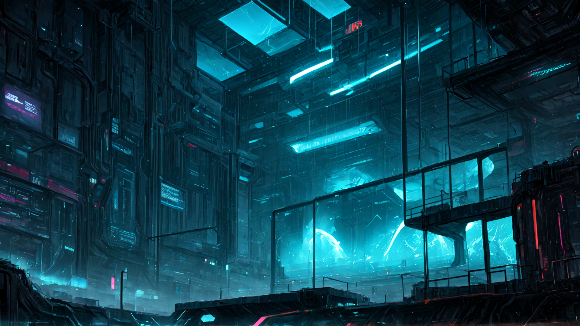 AI generated wallpaper featuring city, building, structure, giant, tower, platform, glass, light, sign, neon