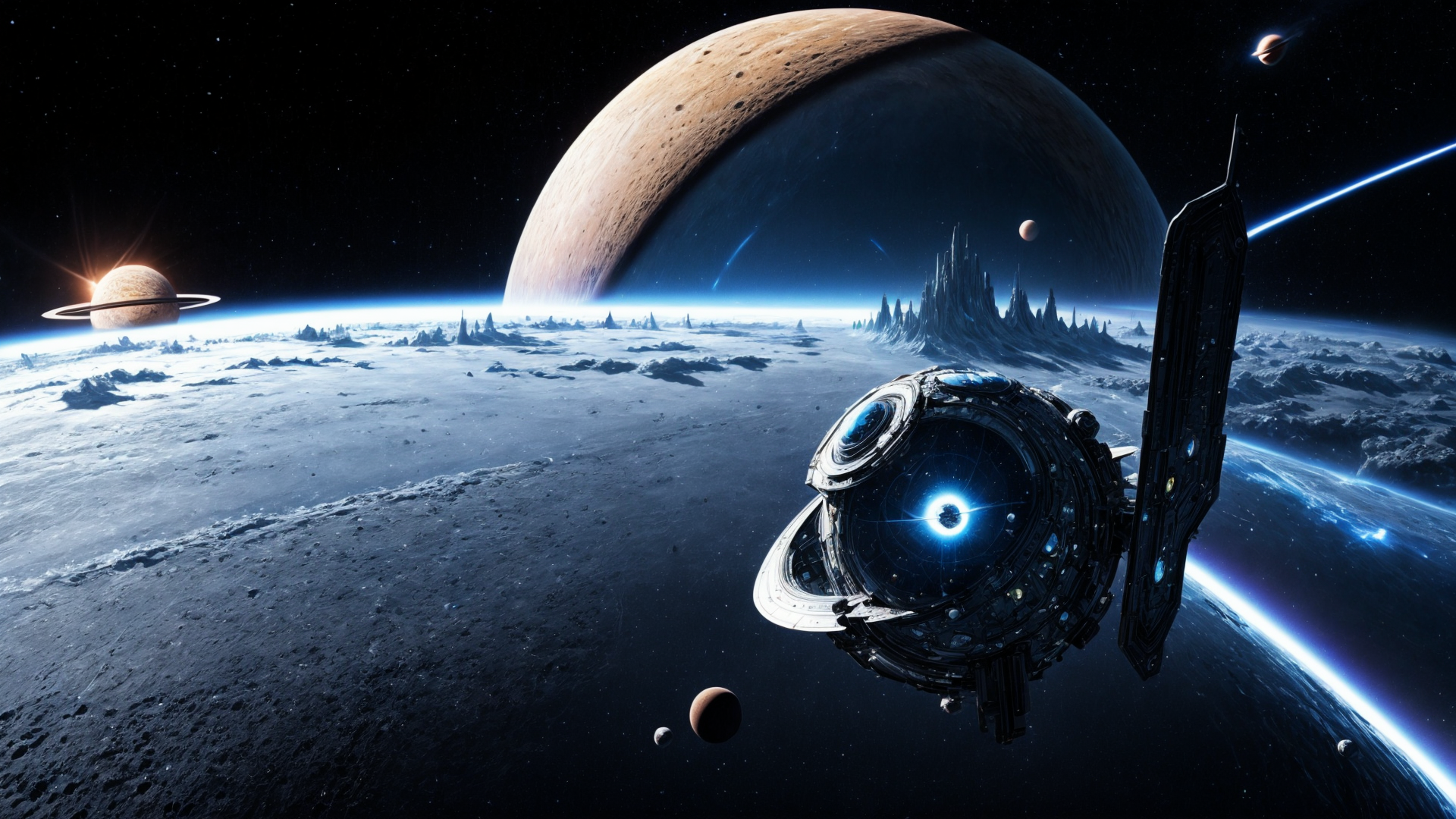 AI generated wallpaper featuring spaceship, planet, satellite, moons, galaxy, space station, cosmos, stars, asteroid, spacecraft