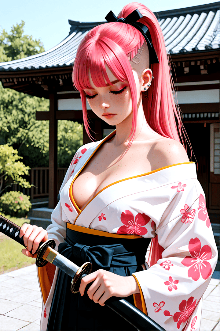 AI generated wallpaper featuring pink hair, swordsman, kimono, swords, maid, traditional building, flowers, bow, ears, braid
