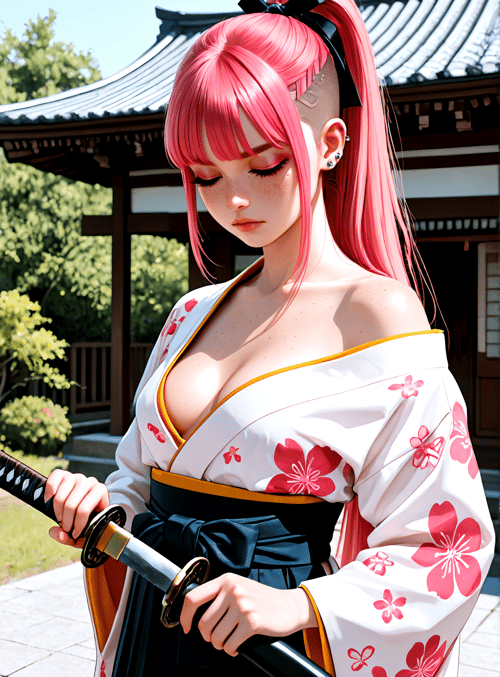 pink hair, swordsman, kimono, swords, maid, traditional building, flowers, bow, ears, braid