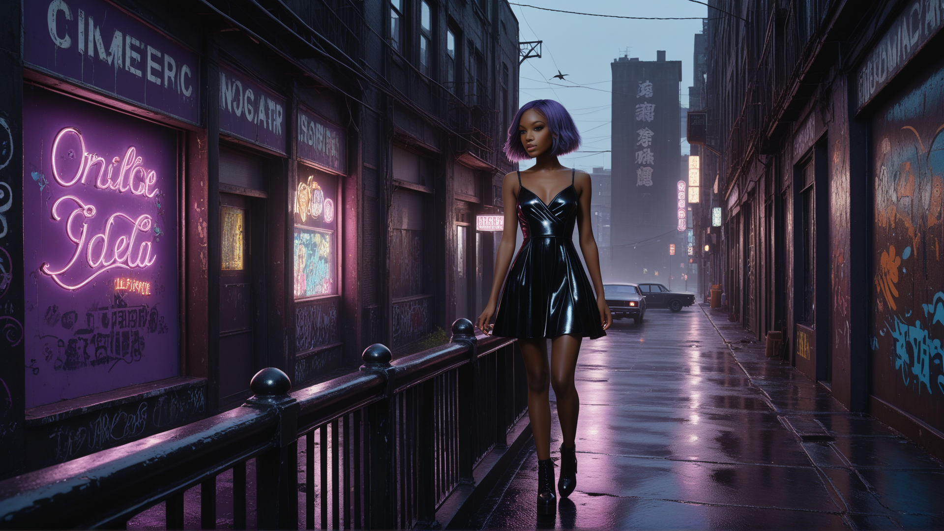 AI generated wallpaper featuring woman, dress, alleyway, neon sign, graffiti, car, fence, city, street, building