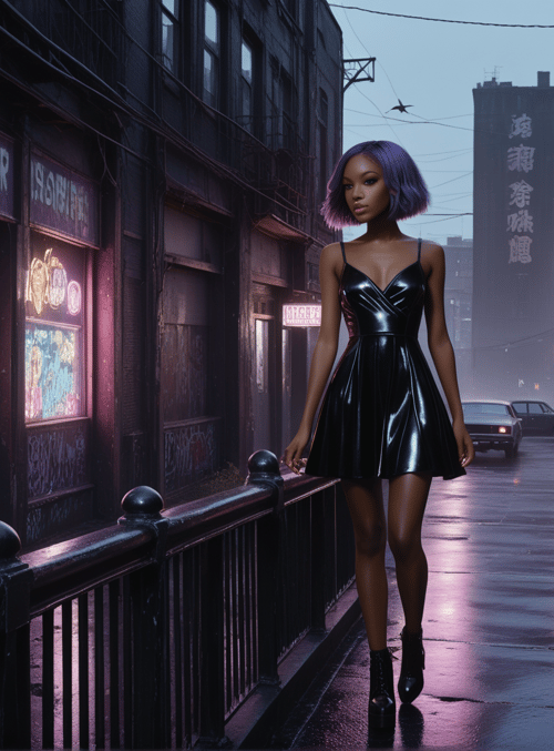 woman, dress, alleyway, neon sign, graffiti, car, fence, city, street, building