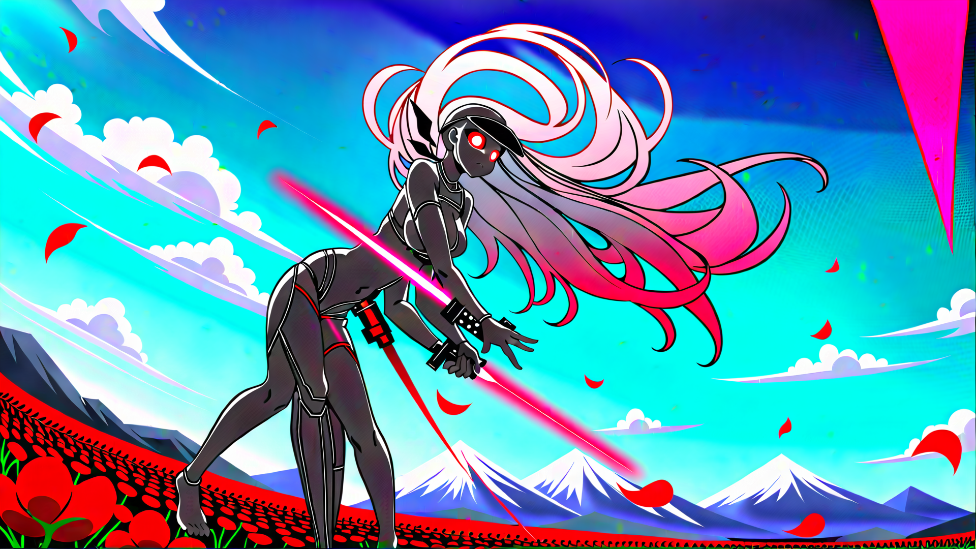 AI generated wallpaper featuring anime girl, sword, red poppies