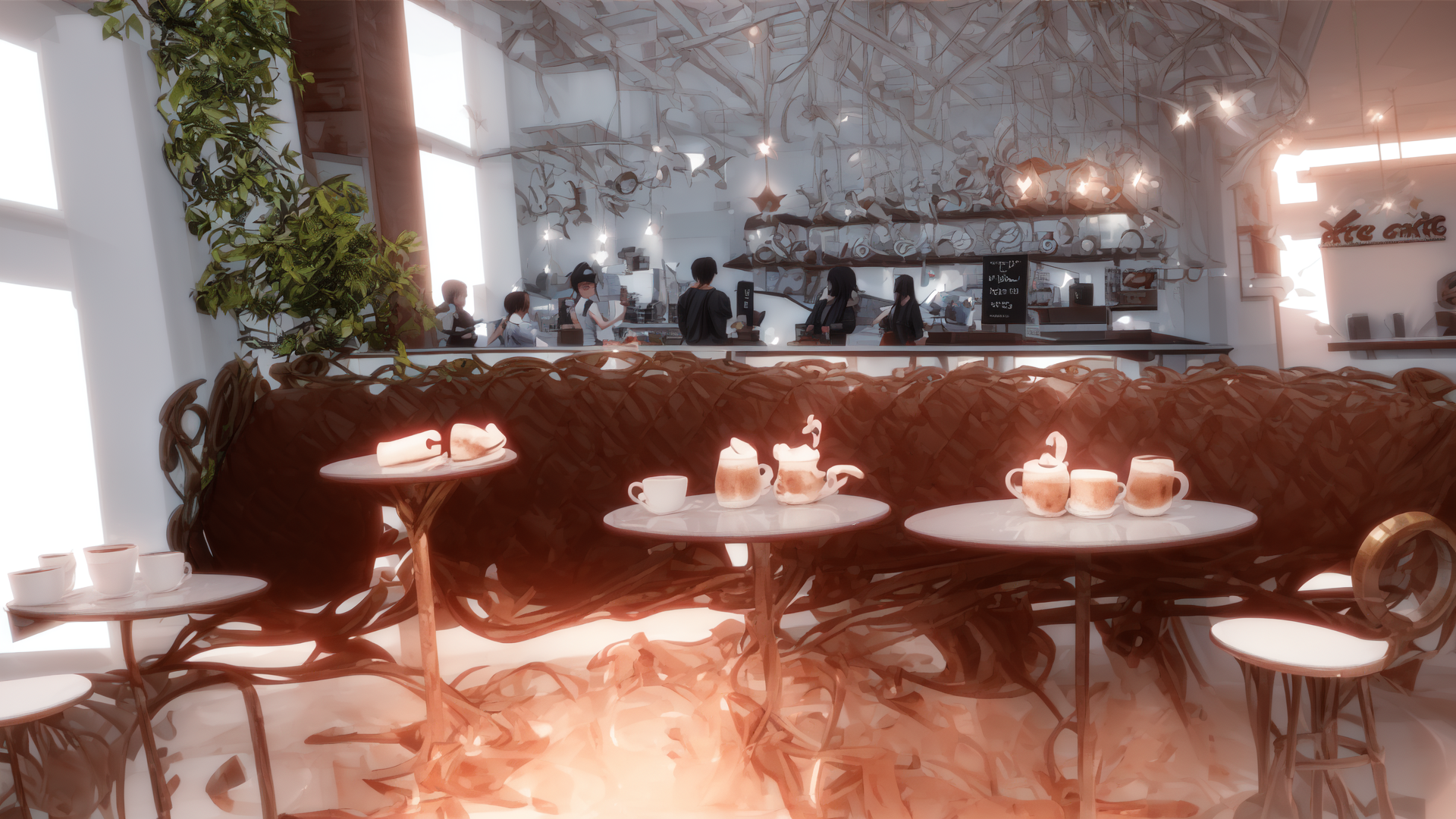 AI generated wallpaper featuring coffee shop, cafe, tables, cups, chairs, plants, bar, people, lighting, art