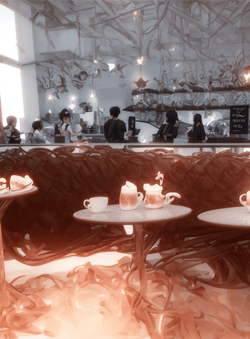 coffee shop, cafe, tables, cups, chairs, plants, bar, people, lighting, art