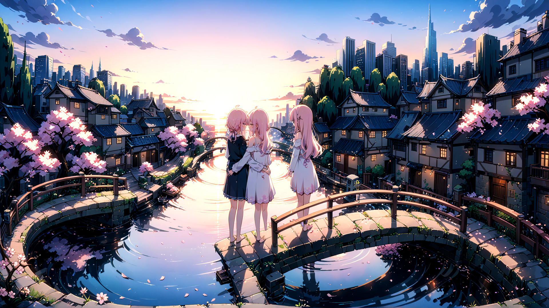 AI generated wallpaper featuring girls, bridge, cherry blossoms