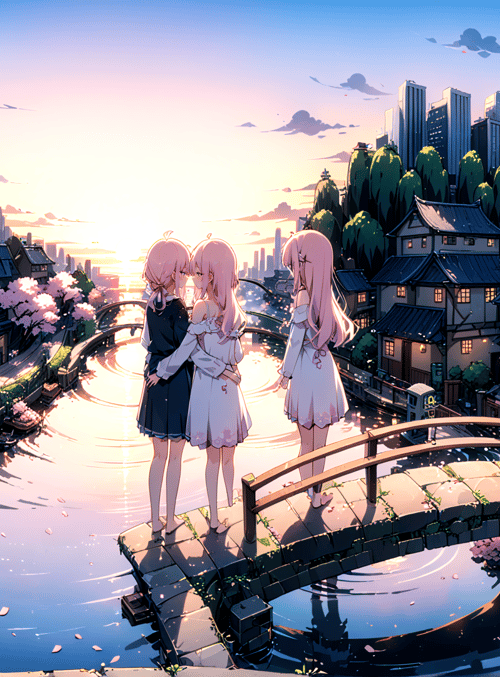 girls, bridge, cherry blossoms