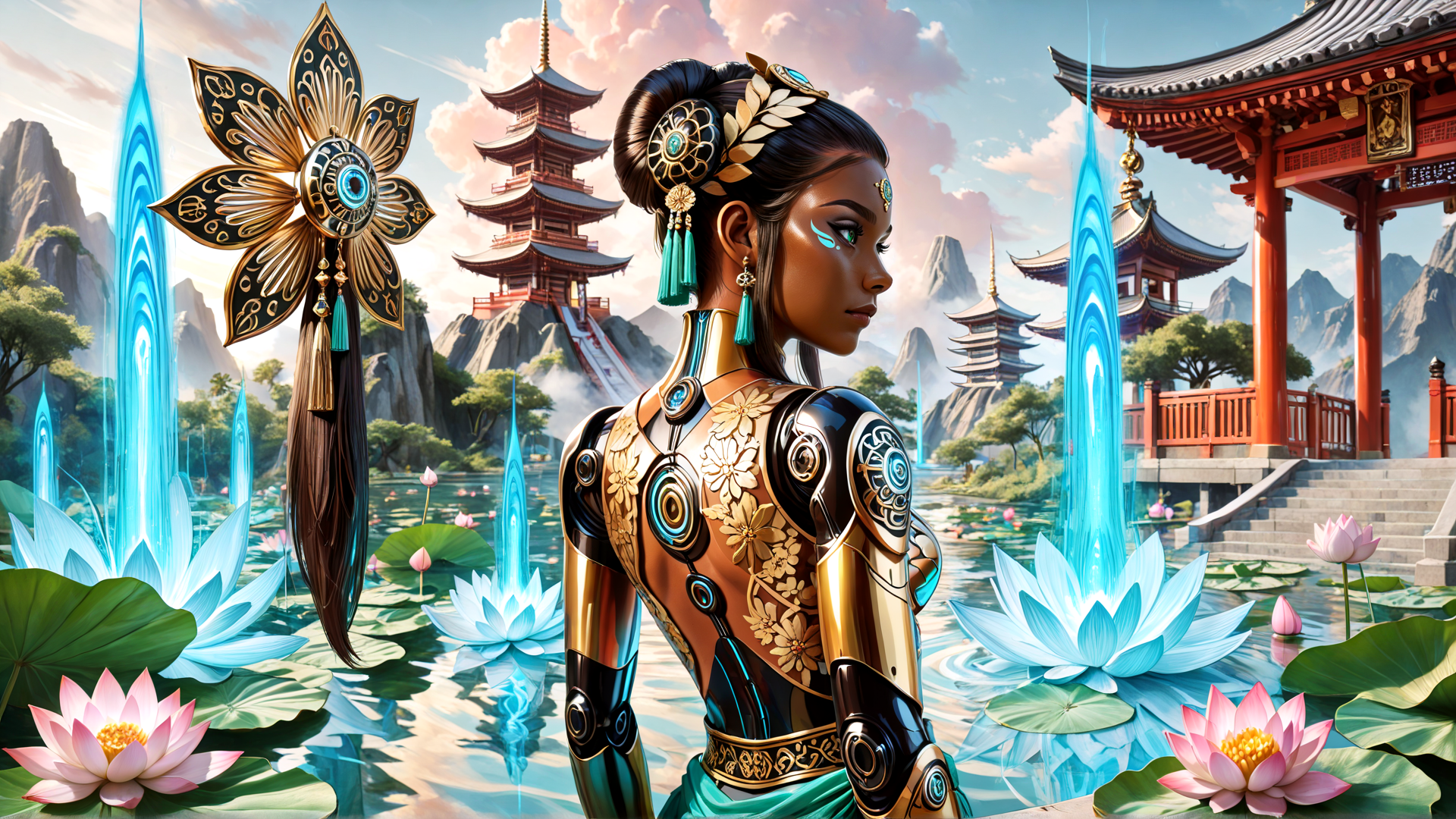 AI generated wallpaper featuring cyborg, lotus, pagoda, goddess, cherry blossom, dragon, tower, water, mountain, floral