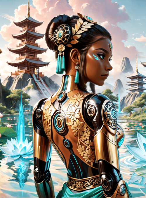 cyborg, lotus, pagoda, goddess, cherry blossom, dragon, tower, water, mountain, floral