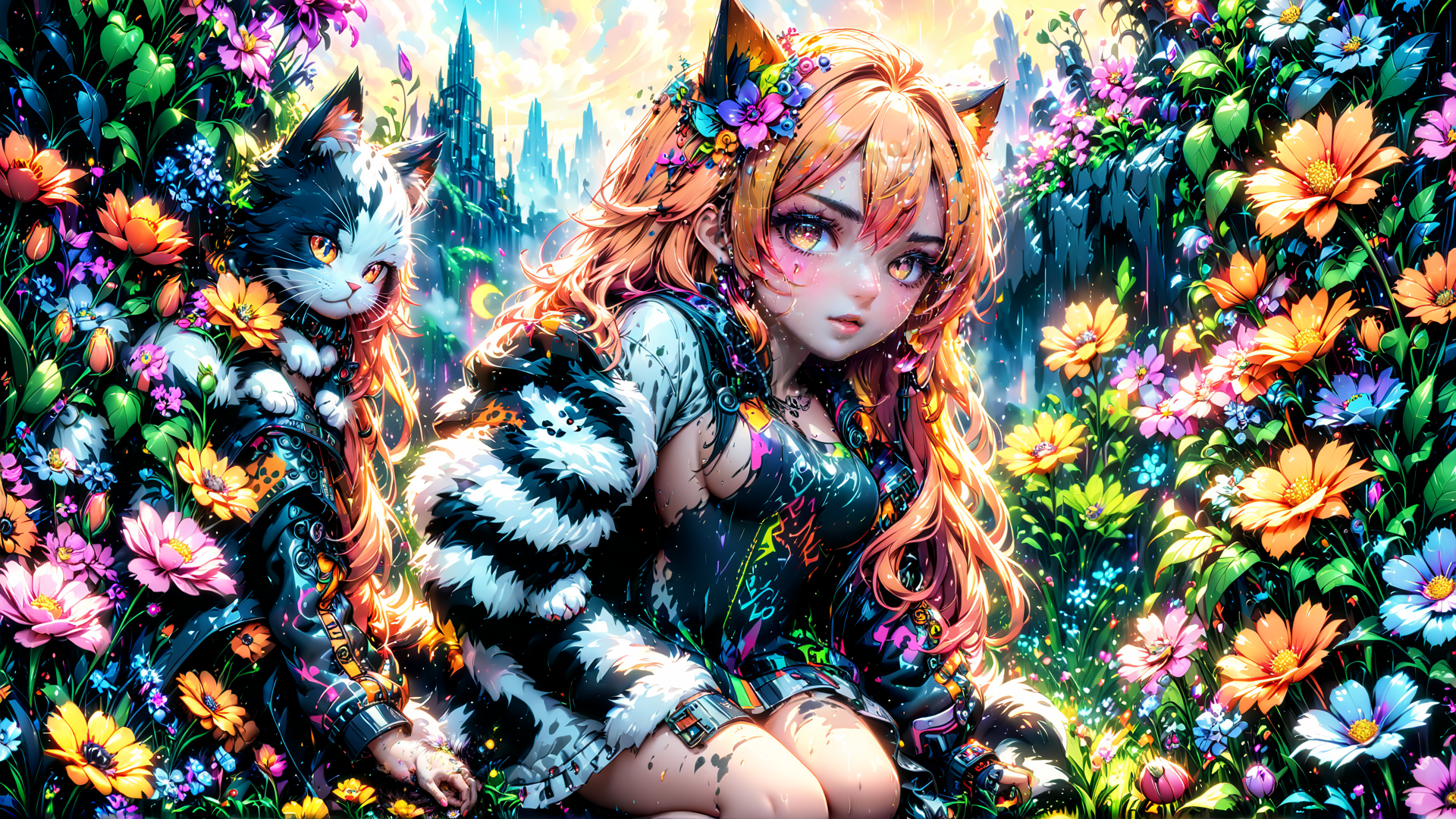 AI generated wallpaper featuring cat, girl, flowers