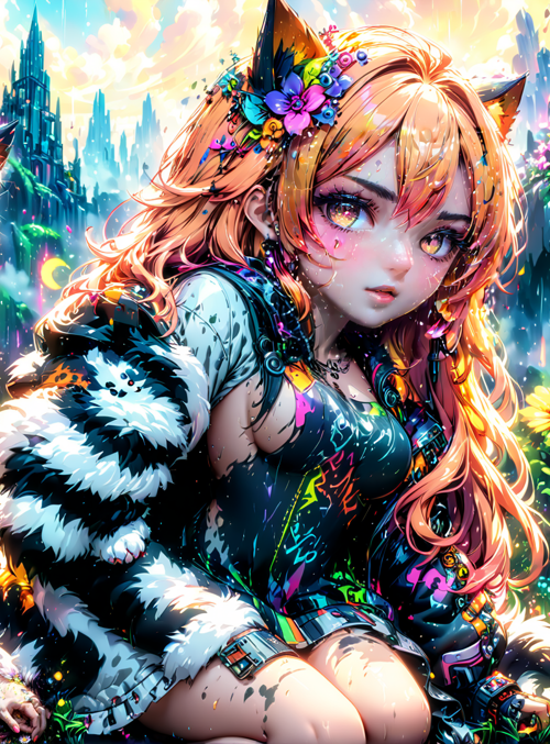 cat, girl, flowers