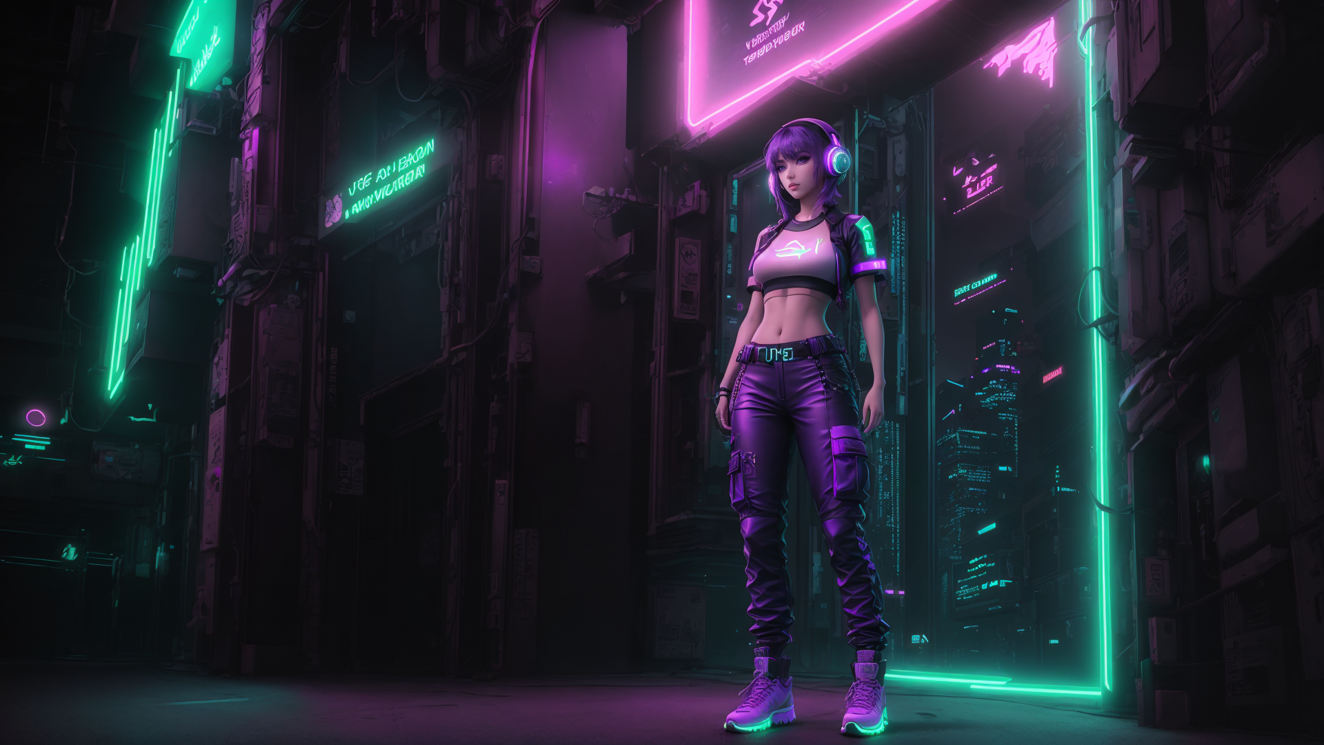AI generated wallpaper featuring cyberpunk, woman, neon