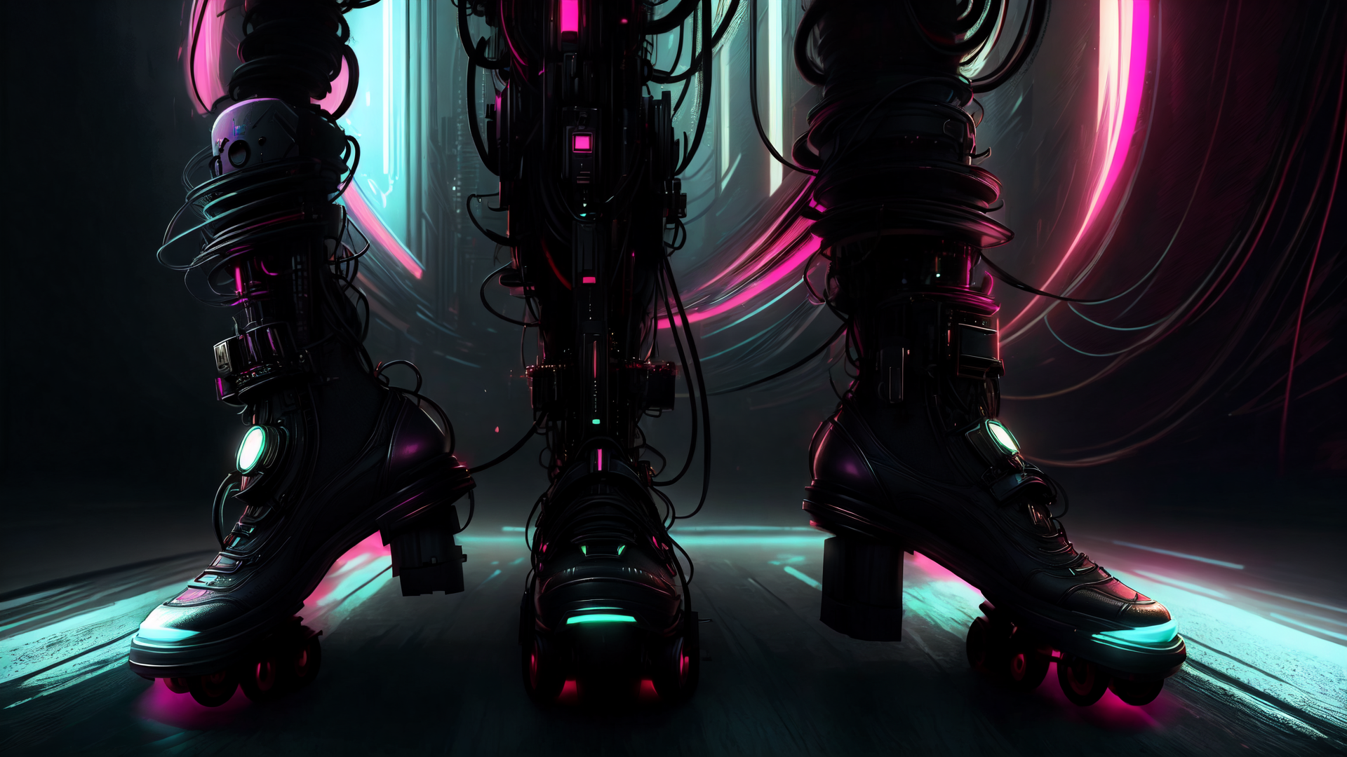 AI generated wallpaper featuring robot, roller skates, mechanical legs, neon lights, cables