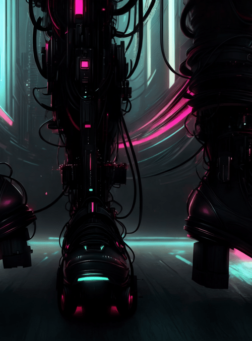 robot, roller skates, mechanical legs, neon lights, cables