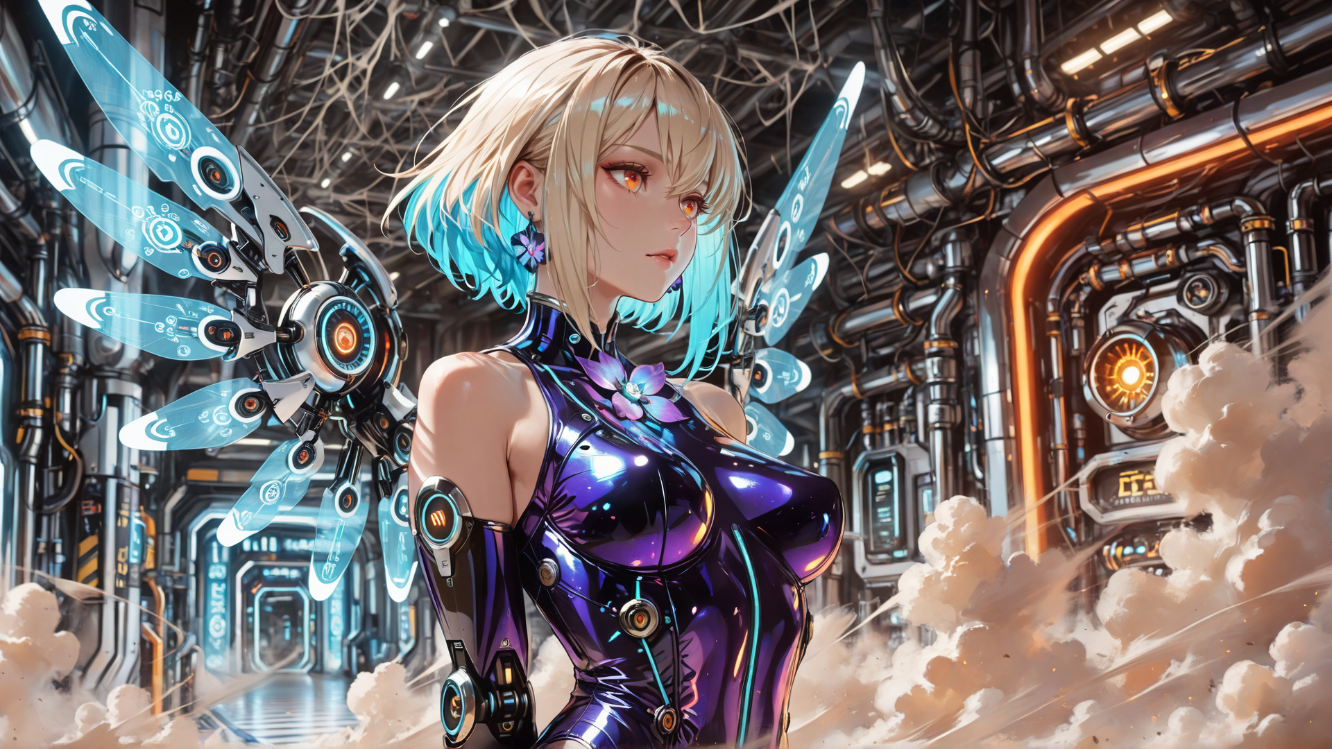 AI generated wallpaper featuring cyborg, woman, robotic, wings, fashion, mechanical, armor, digital, anime, cyberpunk
