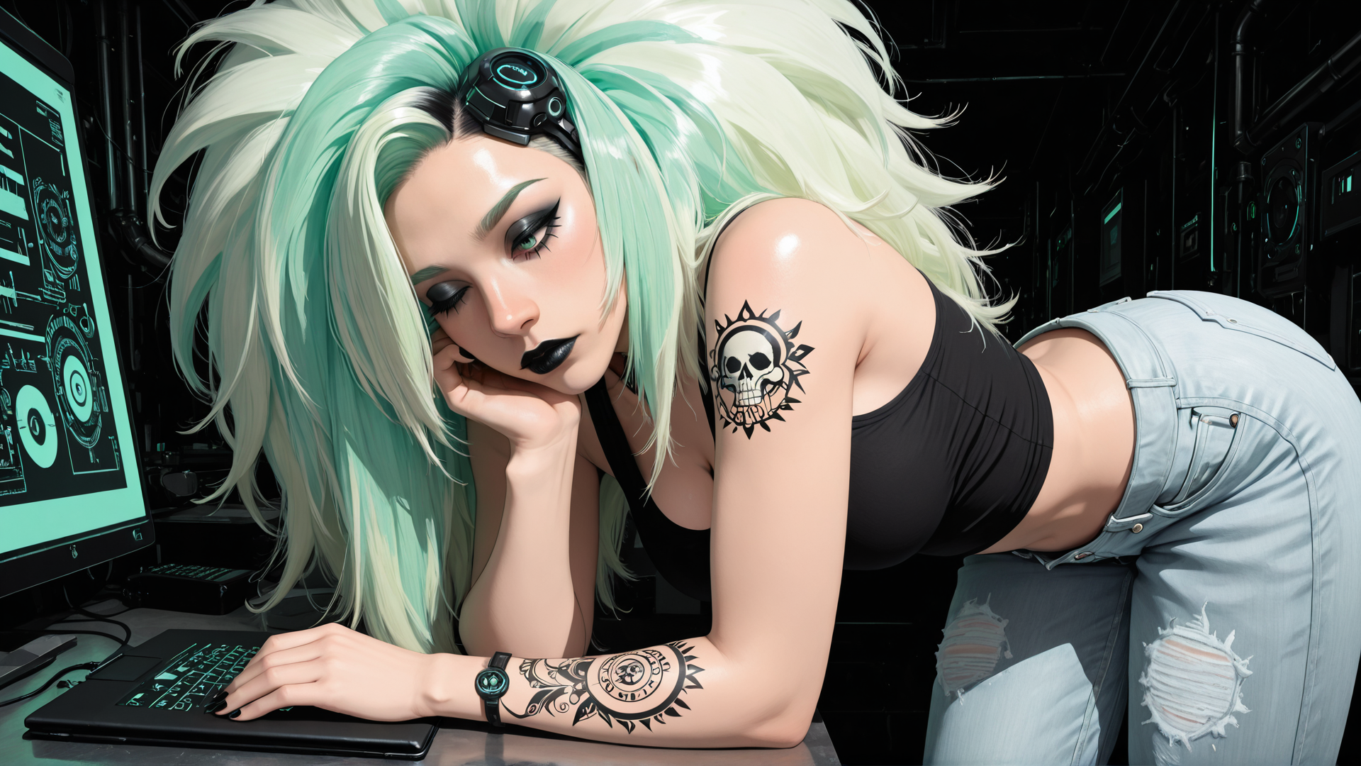 AI generated wallpaper featuring woman, cyberpunk, tattoo, computer, skull, jeans, headband, monitor, keycap, screen
