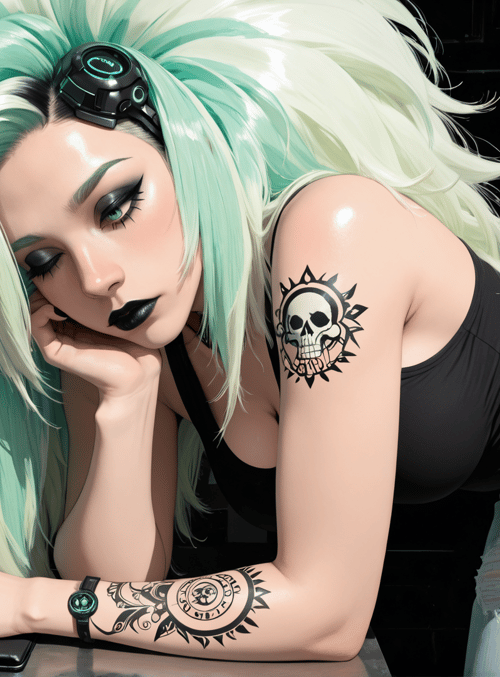 woman, cyberpunk, tattoo, computer, skull, jeans, headband, monitor, keycap, screen