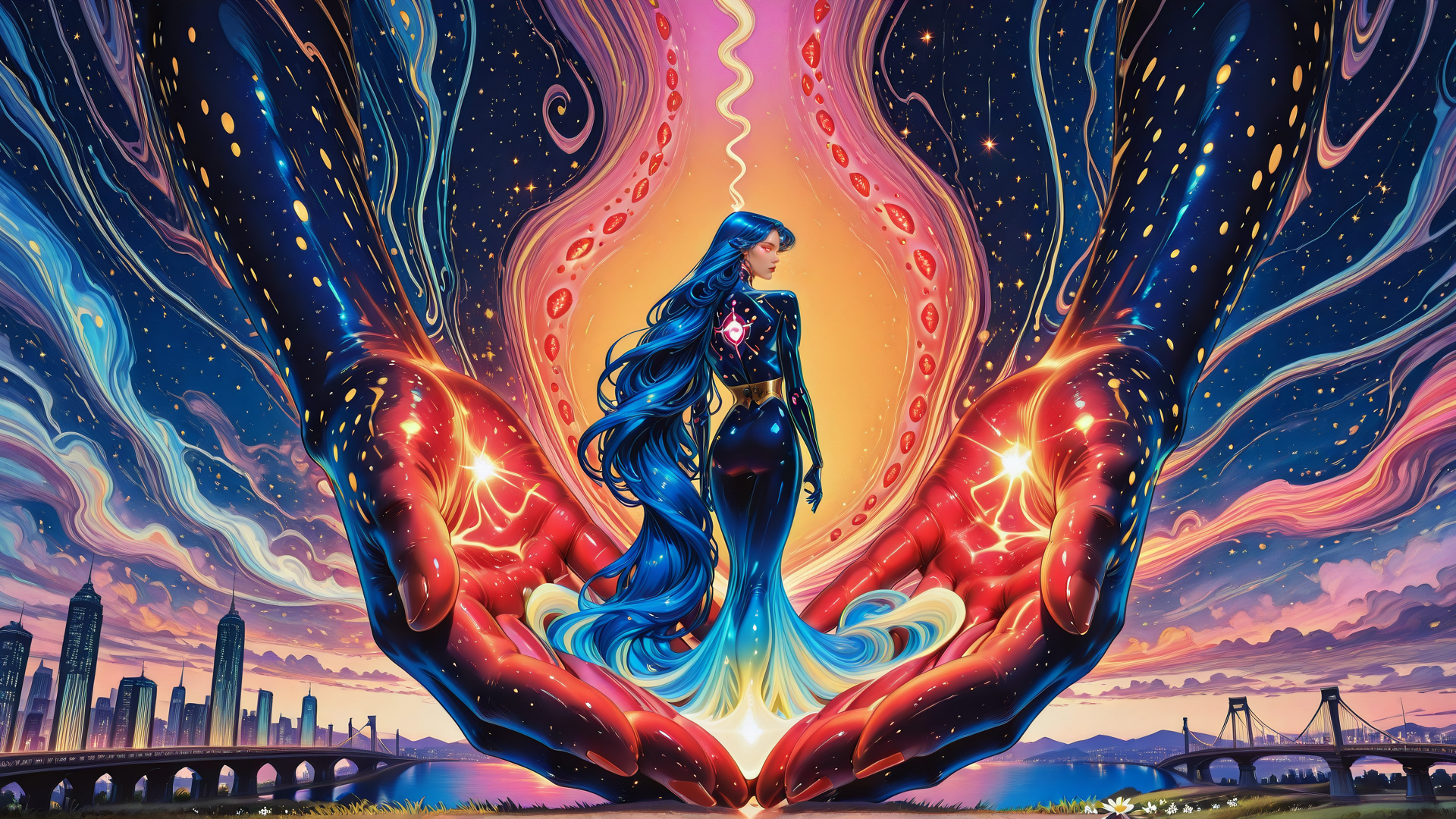 AI generated wallpaper featuring woman, hands, cityscape, stars