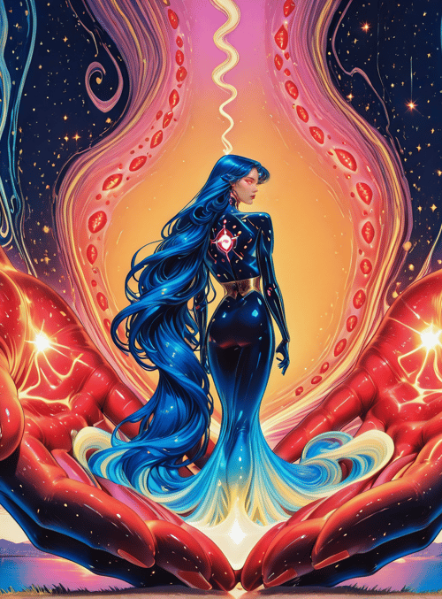 woman, hands, cityscape, stars