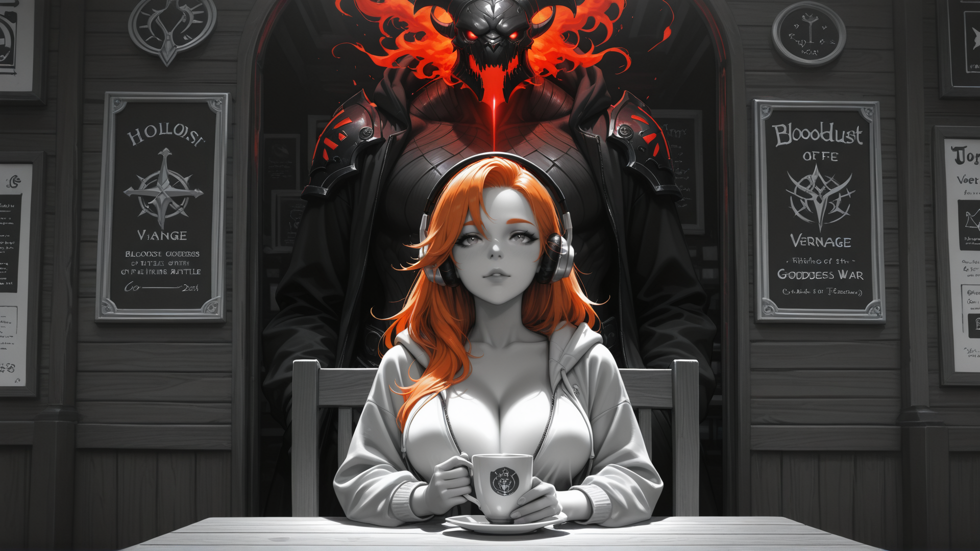AI generated wallpaper featuring woman, giant demon, coffee cup, headphones, signs, chair, table, clock, wall