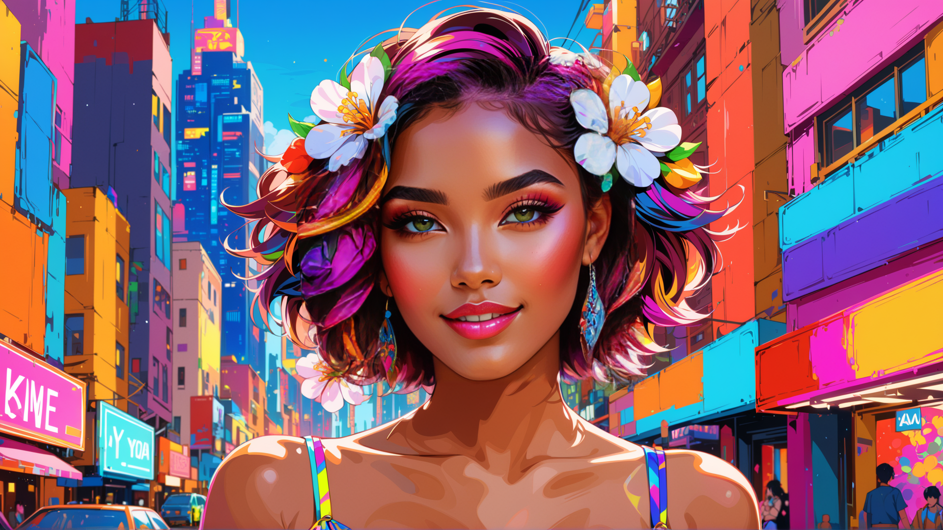 AI generated wallpaper featuring woman, city, flowers