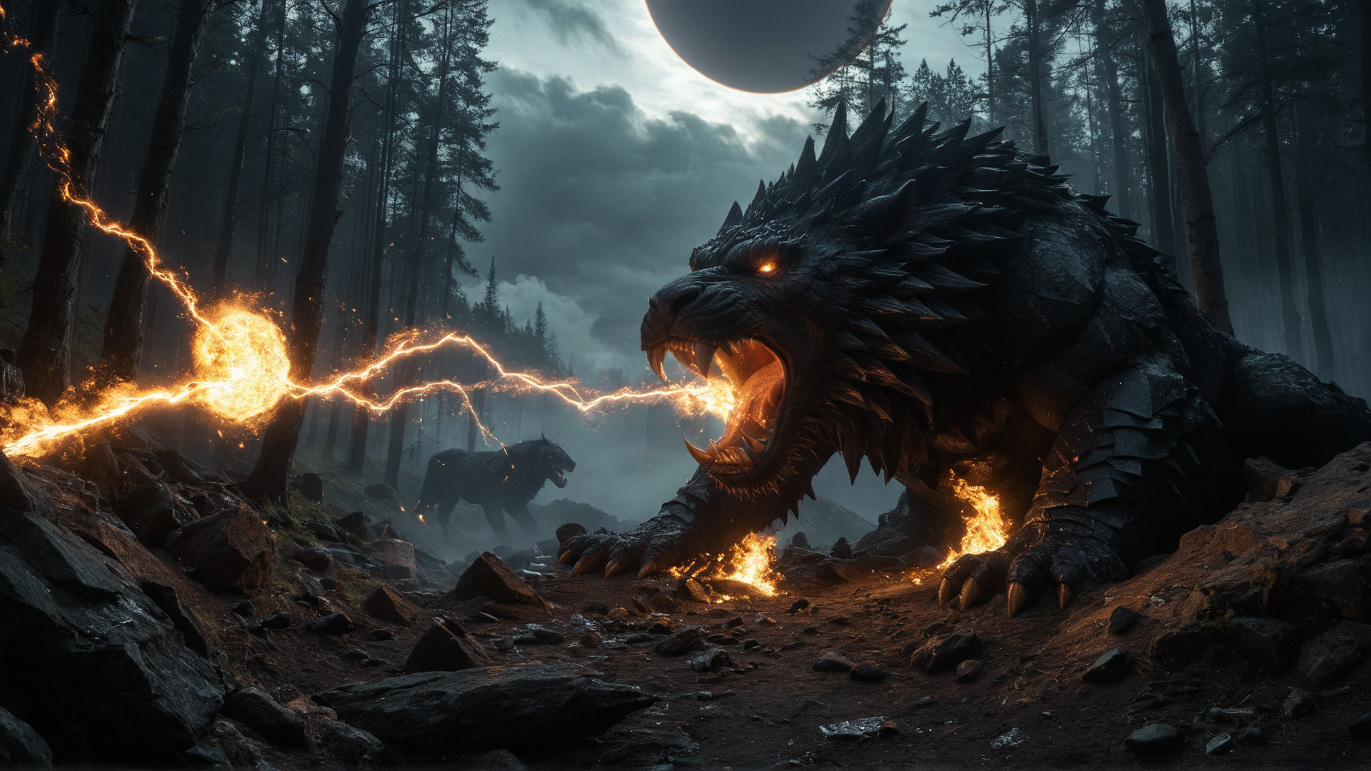 AI generated wallpaper featuring monster, forest, fire