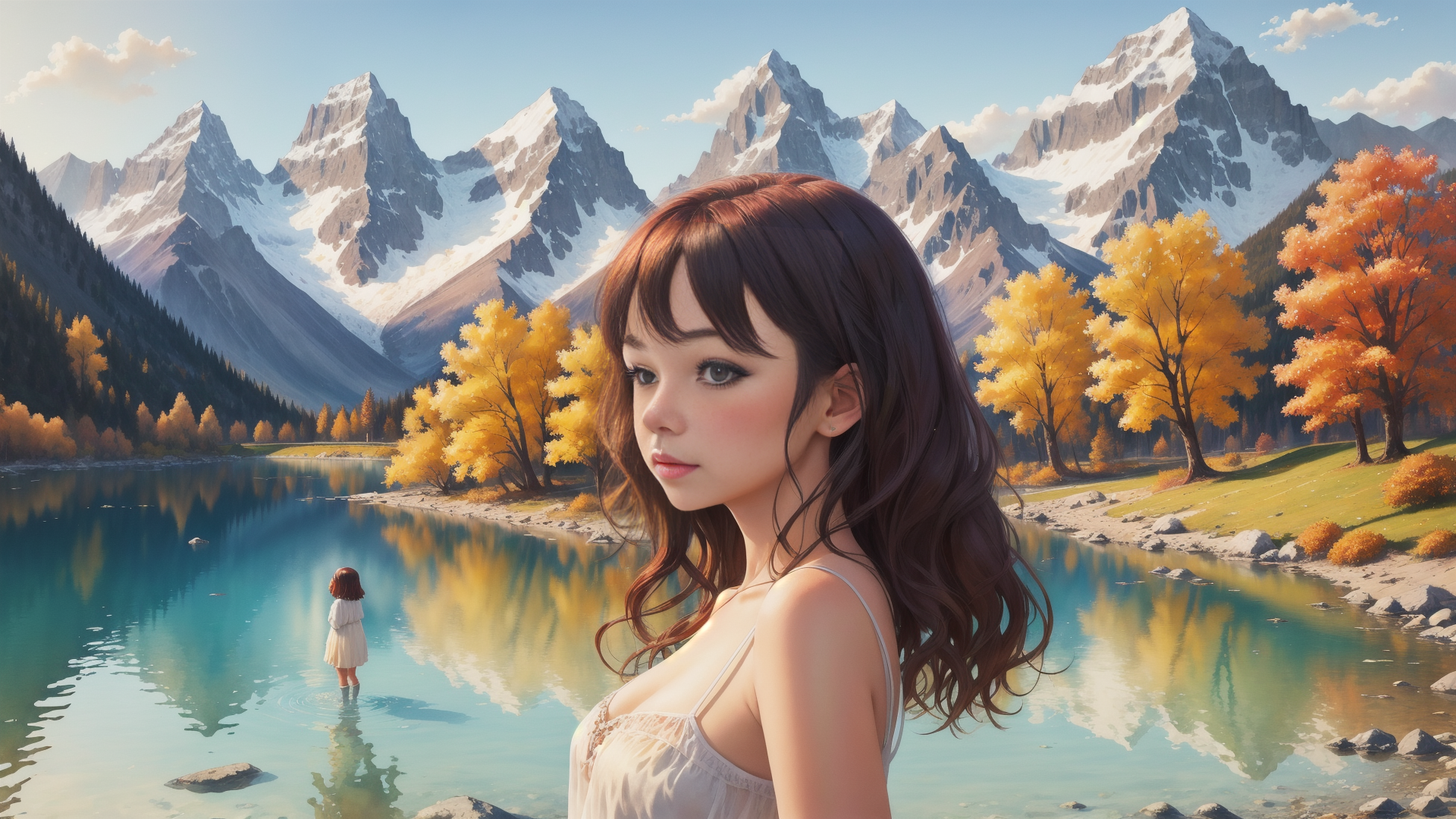 AI generated wallpaper featuring girl, mountains, lake