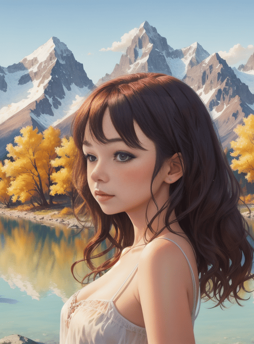girl, mountains, lake