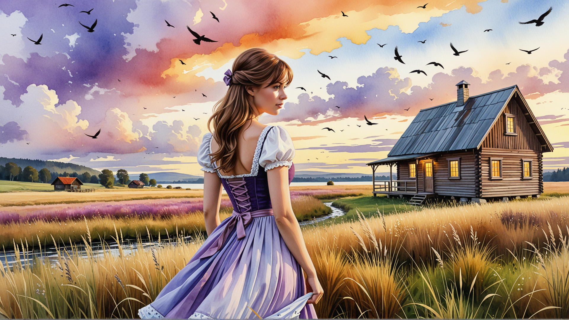 AI generated wallpaper featuring woman, house, birds, field, clouds, dress, grass, lake, trees, sky