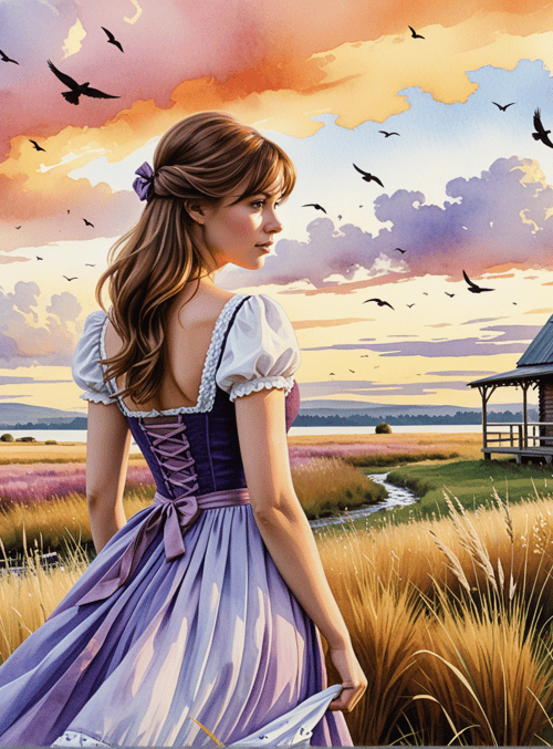 woman, house, birds, field, clouds, dress, grass, lake, trees, sky