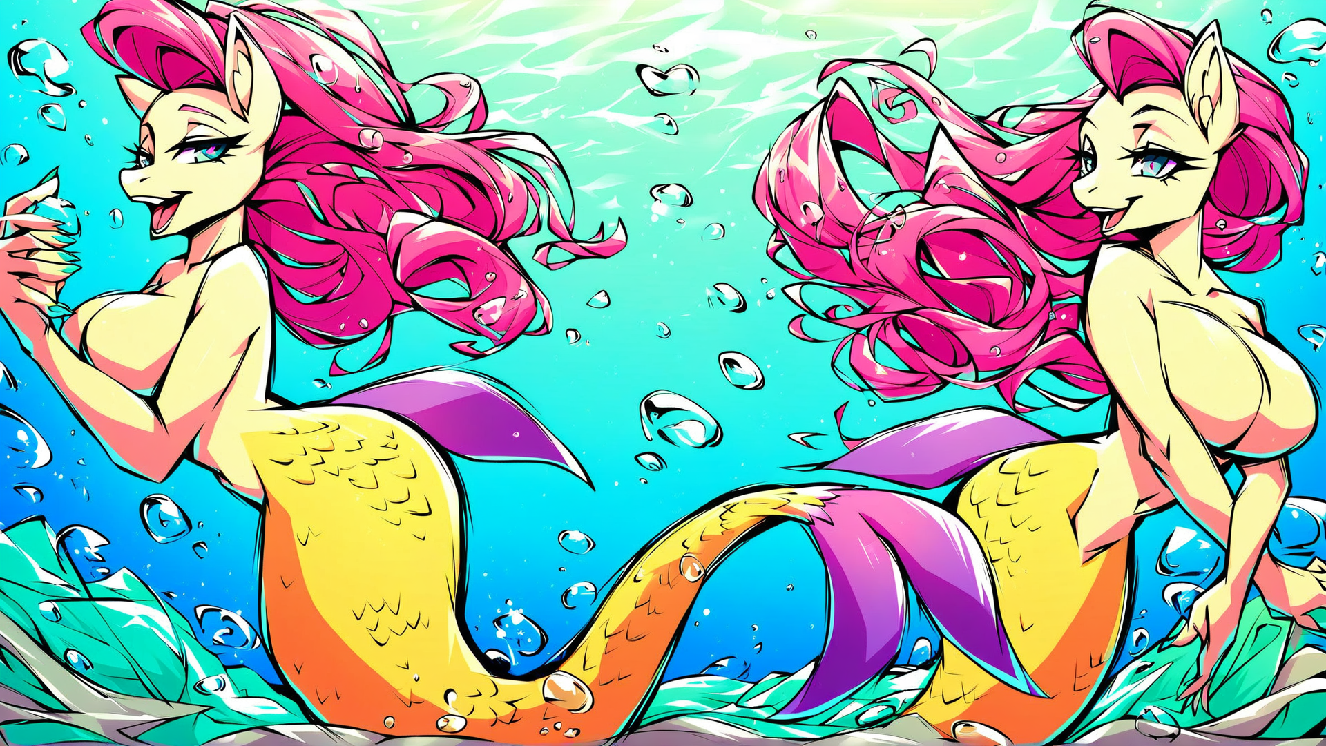 AI generated wallpaper featuring mermaid, cat-eared, tail, hair, water, bubbles, seaweed, fins, scale, scales
