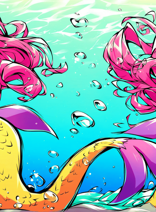 mermaid, cat-eared, tail, hair, water, bubbles, seaweed, fins, scale, scales