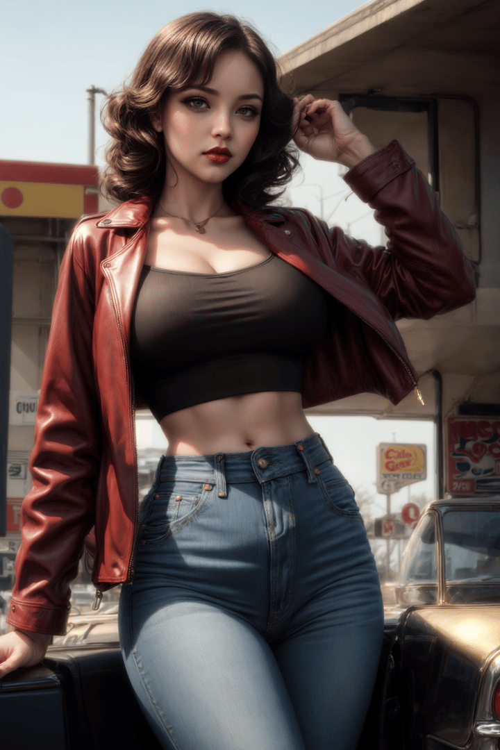 AI generated wallpaper featuring woman, leather jacket, jeans