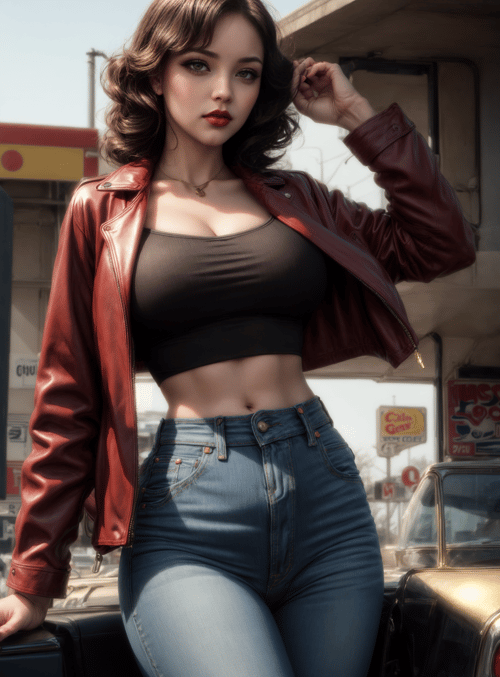 woman, leather jacket, jeans