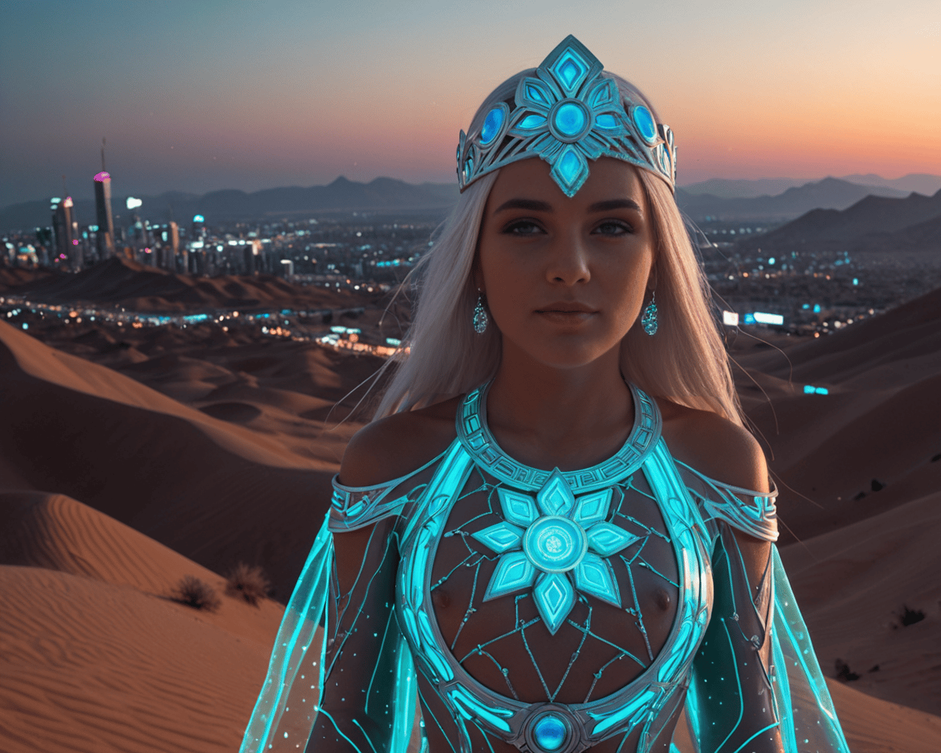 AI generated wallpaper featuring queen, futuristic, desert