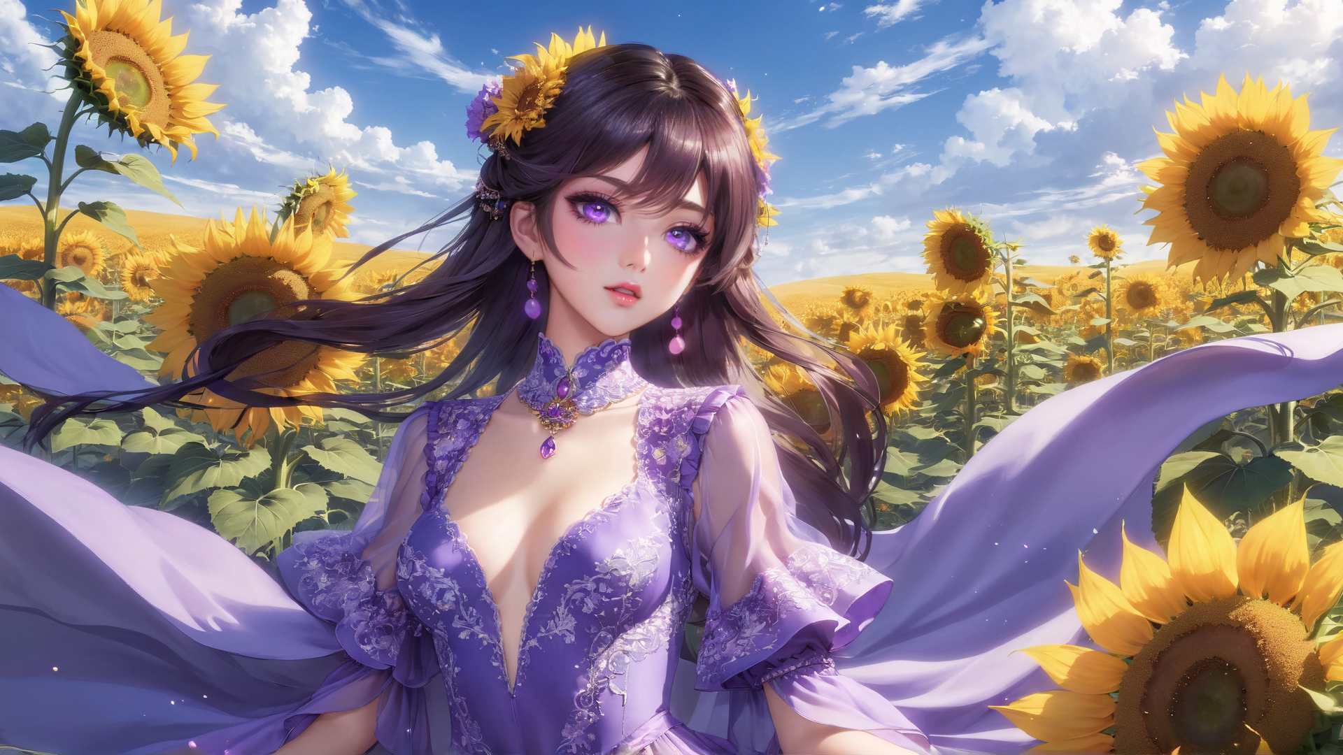 AI generated wallpaper featuring woman, sunflower field, dress