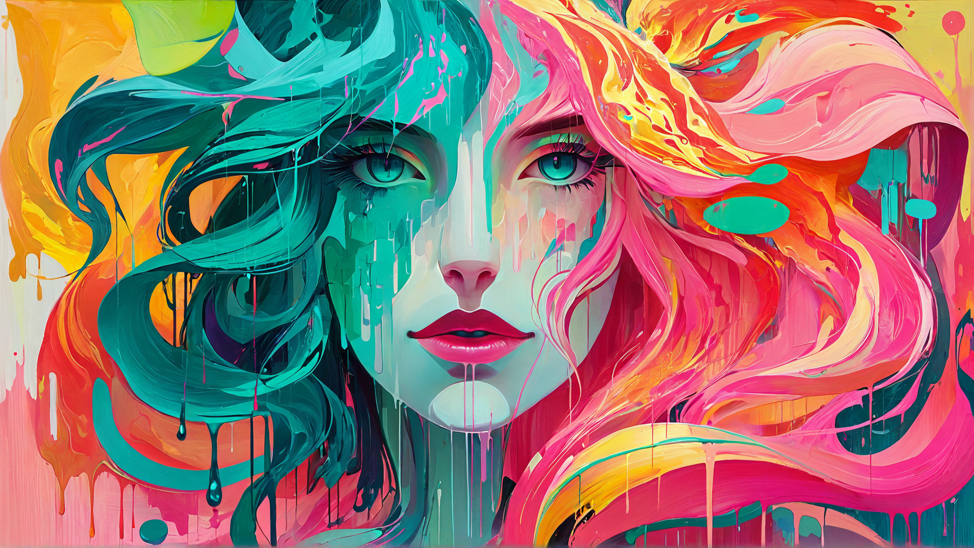 AI generated wallpaper featuring face, woman, hair, paint, splotch, drip