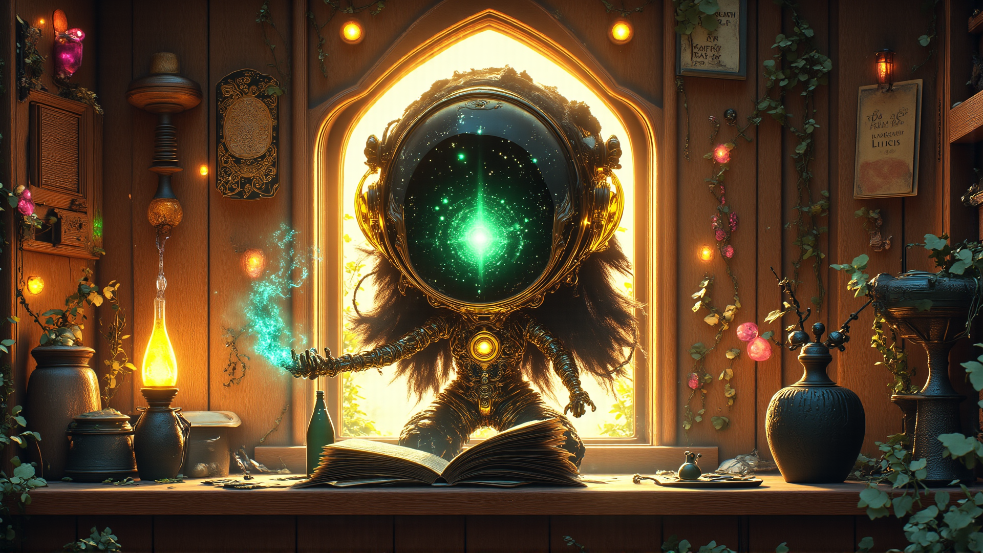 AI generated wallpaper featuring alien, astronaut, book