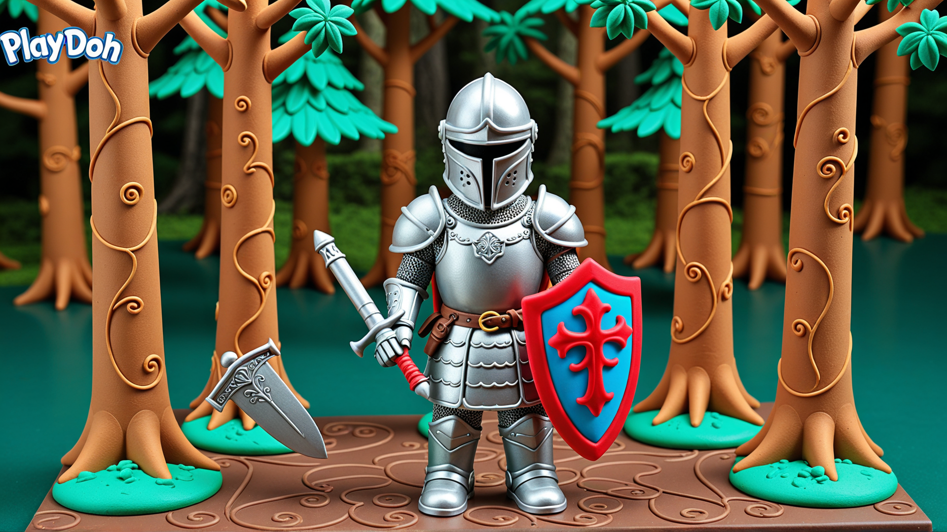 AI generated wallpaper featuring knight, armor, shield, sword, axe, trees, playdoh
