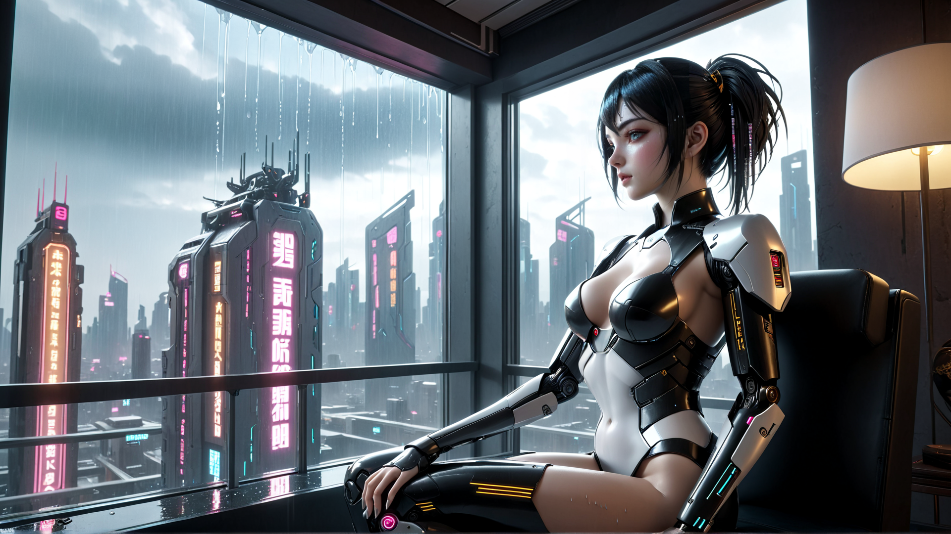 AI generated wallpaper featuring cyborg, woman, cityscape