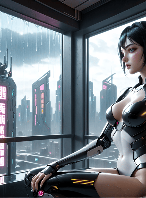 cyborg, woman, cityscape
